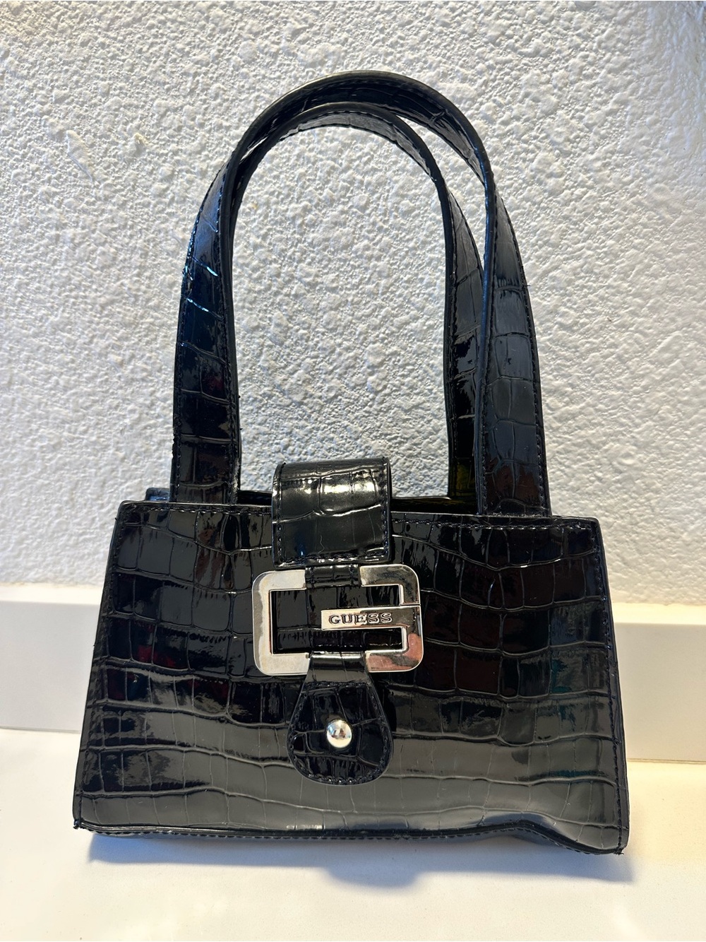 GUESS Black Croc-Embossed Mini Top-Handle Bag with Silver Buckle